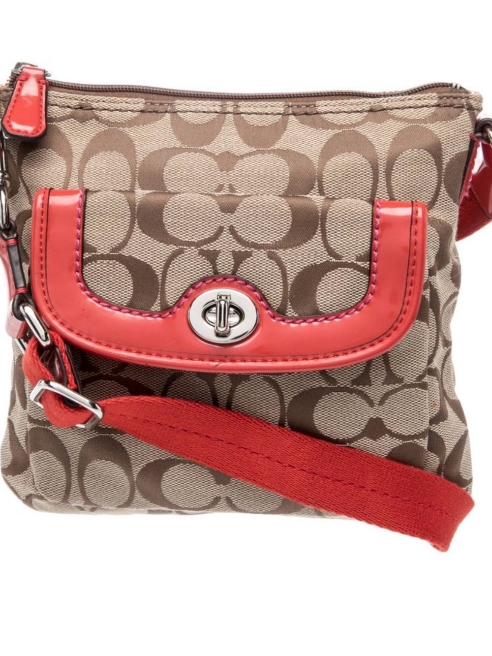 VTG Coach Signature Canvas Crossbody Bag in Khaki with Red Trim